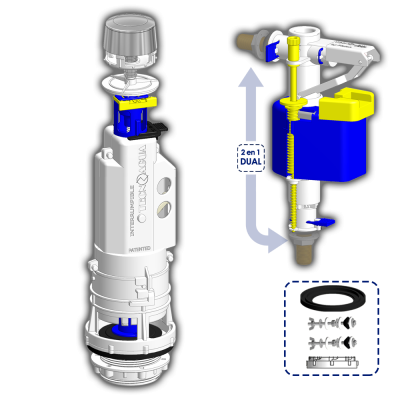 KIT MECANISMO SIMPLE DESCARGA PULSADOR INTERRUMPIBLE + FLOTADOR DUAL PISTON BOLSA - SAC - BAG