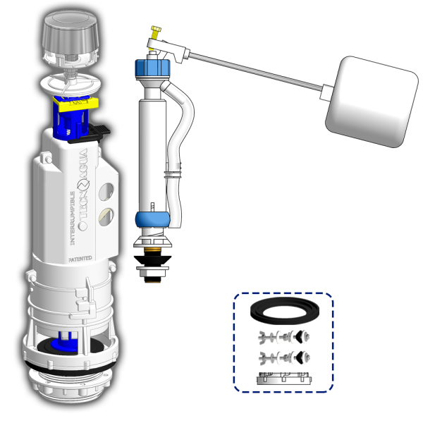 KIT MECANISMO SIMPLE DESCARGA PULSADOR INTERRUMPIBLE + FLOTADOR VERTICAL BOYA PISTON BOLSA - SAC - BAG