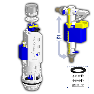 KIT MECANISMO DOBLE DESCARGA PULSADOR + FLOTADOR DUAL PISTON BOLSA - SAC - BAG