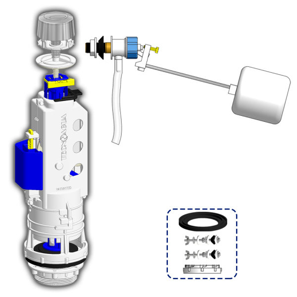 KIT MECANISMO DOBLE DESCARGA PULSADOR + FLOTADOR HORIZONTAL BOYA PISTON BOLSA - SAC - BAG