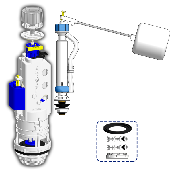 KIT MECANISMO DOBLE DESCARGA PULSADOR + FLOTADOR VERTICAL BOYA PISTON BOLSA - SAC - BAG